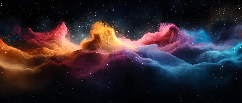 Vibrant and dynamic cosmic wave of colors energy and creativity washing over a serene and ethereal black and white landscape visualizing the transformative power of the creative spirit