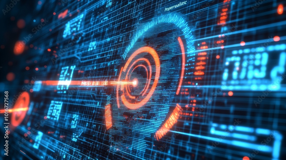 Poster this is a motion graphic with a colorful sonar radar screen searching an object with a line digital 