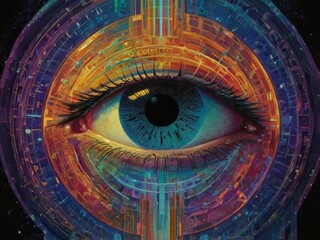 Fototapeta premium 3D rendering of a cyber eye with technology elements in the background 