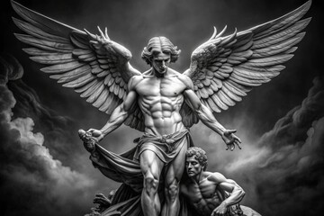 Fototapeta premium A majestic, high-fashion photograph in stark black and white, showcasing a powerful Statue of Archangel standing triumphantly over a vanquished demon, exuding an air of victorious grandeur. 