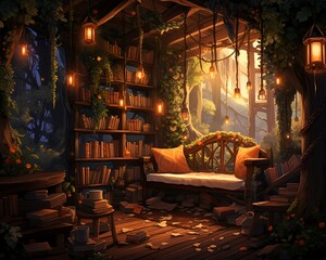 Cozy reading nook in a magical forest, filled with books and soft lighting, providing a serene and inspirational atmosphere for relaxation.