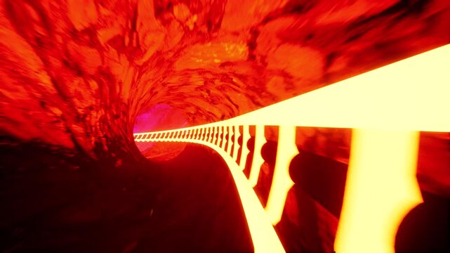 Riding a roller coaster in an atmosphere of hell and neon light. First person view. 3D animation.