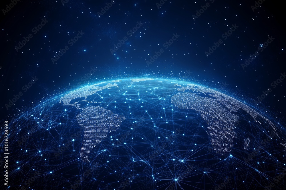 Wall mural 3d rendering of a glowy polygonal grid planet on dark background. globe, international map, communic