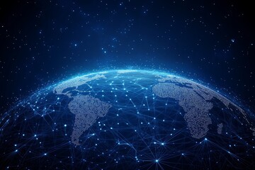 3D rendering of a glowy polygonal grid planet on dark background. Globe, international map, communication, network, earth and technology concept.