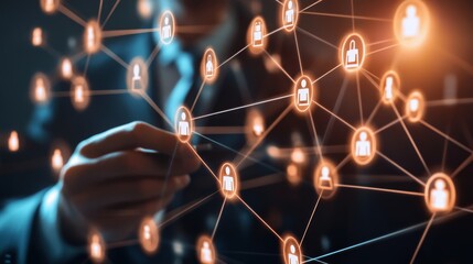 Double exposure Businessman draw structure a network connecting the customers icon in global business project management, CRM. Customer network relationship management and recruiting personnel of worl