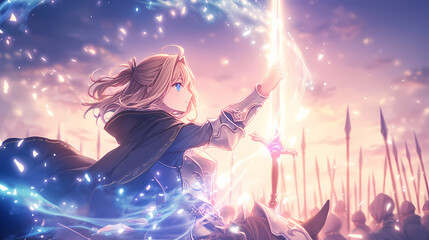 Anime-style girl knight with blue eyes, riding a horse and praying.