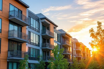 Obraz premium Modern apartment complex with sunset lighting