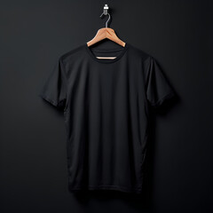 Black T-Shirt On Wooden Hanger With Black Background