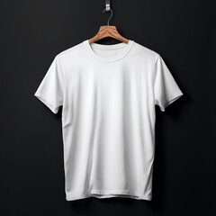 White T-Shirt on Wooden Hanger Against Black Background