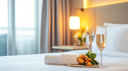 Elegant hotel room featuring a cozy bed, glasses of champagne, and fresh flowers, perfect for a romantic getaway or special occasion.