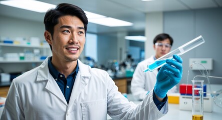 Curious Asian male graduate student in lab coat with research lab background