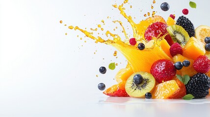 Vibrant splash of fruit juice with assorted fresh fruits on white background.