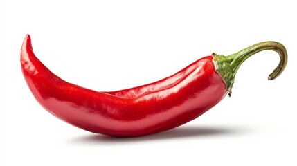 Close-up of a vibrant red chili pepper isolated on a white background, showcasing its glossy texture and curved shape, symbolizing spice and flavor.