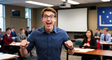 Obraz premium Excited Caucasian male high school student in debate room background