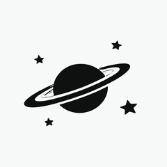 Planet with stars, simple black and white graphic design 