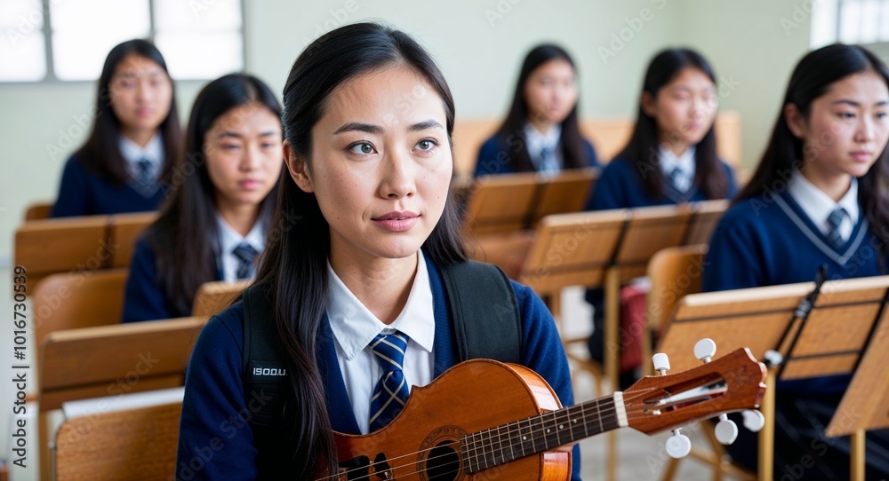 Wall mural Focused Asian female middle school student with musical instrument