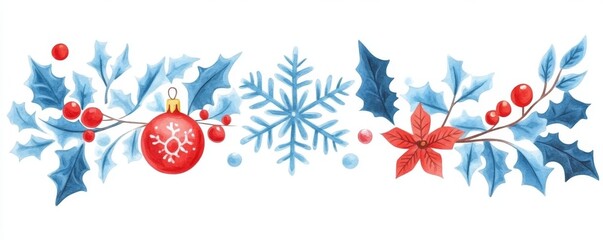 Fototapeta premium Decorative elements consisting of flying snowflakes, holly berries, leaves, splash elements, and swirls.