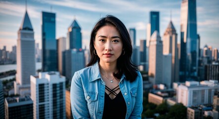 Focused Asian female young adult in city skyline background photoshoot