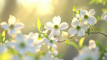 Obraz premium Beautiful clusters of dogwood blossoms, with their delicate petals and lush greenery, creating a peaceful, vibrant scene in a spring garden