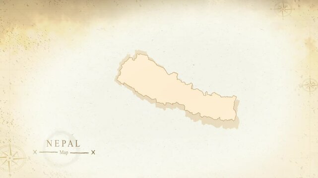Nepal vintage-style map with aged parchment texture on beige background. Perfect for geography, travel, history, south asia and decorative design projects. High quality 4K video.