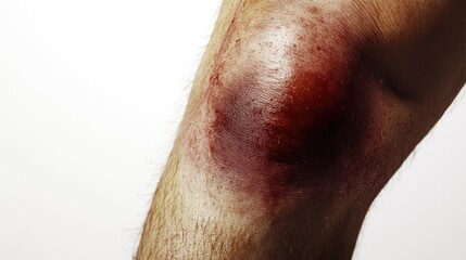 Fototapeta premium A large, painful-looking bruise on the knee, displayed against a clean white background for a medical focus.