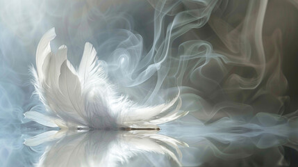 Fototapeta premium Ethereal White Feather with Delicate Smoke Swirls Creating a Dreamlike Atmosphere on Reflective Surface