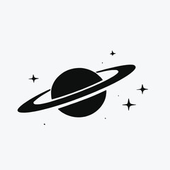Planet with stars, simple black and white graphic design 