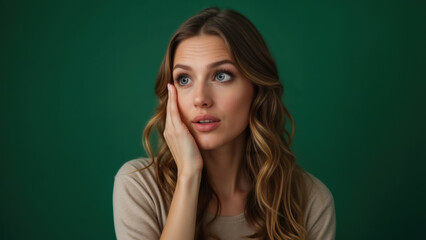 Fototapeta premium An attractive young woman with her hand held on the side of her face is if hearing surprising news. An expression of surprise, disbelief or feigning concern. Isolated against a dark green background.