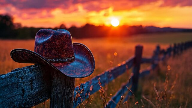 Cowboy hat gracefully hanging on a rustic fence post during a vibrant sunset