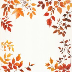 On a white background, a watercolor frame depicts leaves and branches isolated from each other.