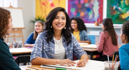 Fototapeta premium Happy Hispanic female middle school student in arts classroom