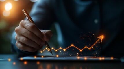 Double exposure Businessman drawings growth graph of business. Successful business, growth strategy and achieving goals with the rising arrow. Business strategy development and growing growth plan