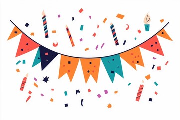 Vibrant and lively of a party featuring a festive arrangement of colorful streamers  confetti  and a decorative banner against a minimalistic white background