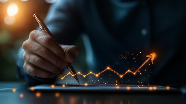 Double exposure Businessman drawings growth graph of business. Successful business, growth strategy and achieving goals with the rising arrow. Business strategy development and growing growth plan