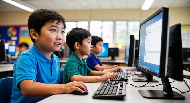 Inquisitive Asian male elementary school child in computer lab