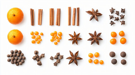 
Cinnamon sticks, sea buckthorn, cloves, star anises isolated on white background

