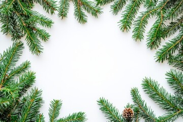 Isolated Christmas pine leaves decoration frame border. Use for Merry Christmas and New Year holiday backgrounds.