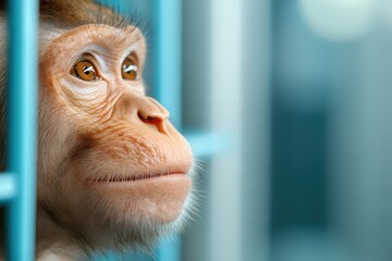Close-up portrait of a monkey looking outside with soft natural light and emotional animal expression in a Research Lab Setting