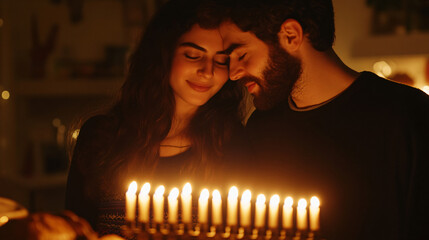 Couple lighting candles for Hanukkah