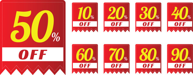 Discount sales tag percentage off 10, 20, 30, 40, 50, 60, 70, 80, 90