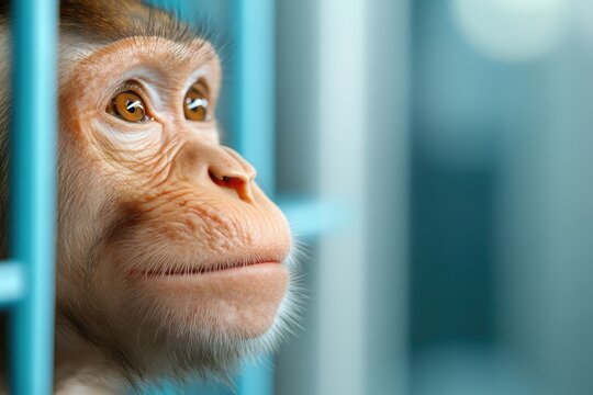 Close-up portrait of a monkey looking outside with soft natural light and emotional animal expression in a Research Lab Setting