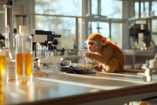 Dog scientist in laboratory wearing protective goggles, funny pet in science experiment concept, veterinary research and humor combination.
