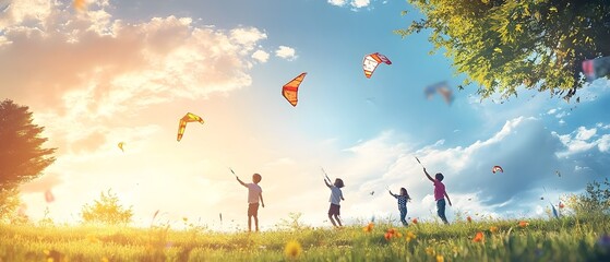 Joyful scene of children playing and flying colorful kites in a picturesque park on a bright breezy Sunday afternoon symbolizing the carefree spirit of childhood freedom and outdoor recreation