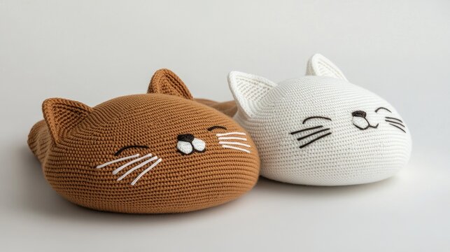 Cute crocheted slippers featuring a friendly cat face design in beige and white hues, showcasing their charming expression in a close-up setting with soft natural light