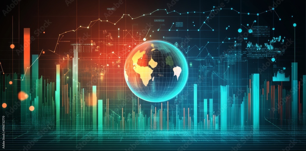 Poster 3d rendering of abstract global stats data on a digital interface with a world map on a dark technol