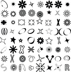 Trendy geometric brutalism Y2k elements Set for T-Shirt and logo design. Contains Retro futuristic elements and sparkle.