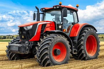 Obraz premium A tractor efficiently harvesting barley under a clear blue sky, showcasing the beauty of agriculture in bright daylight. The golden grains shimmer in the sunlight