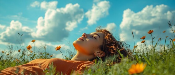 A person lying in a lush field of grass staring up at the fluffy clouds in the azure sky lost in a peaceful moment of daydreaming and relaxation on a tranquil Sunday