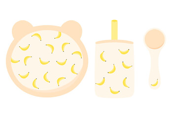 Baby tableware set with bananas in flat design. Kid dish, bib, cutlery for children