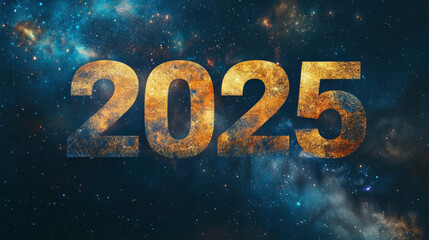 Golden New Year 2025 in space with dark galaxy background